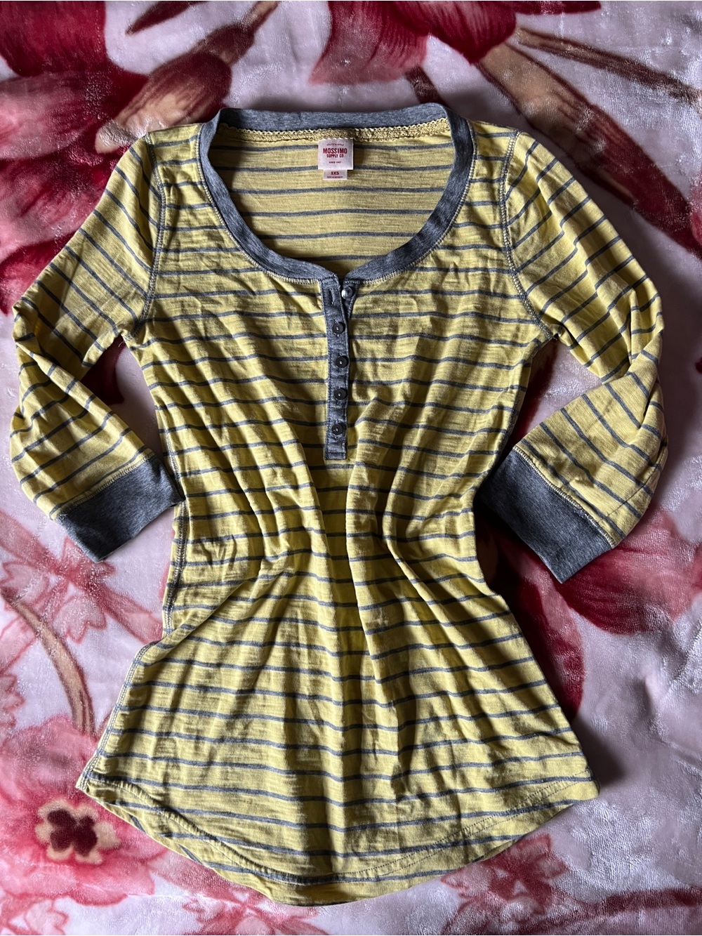 Mossimo Supply Co. Yellow and Gray Striped Long Sleeve Henley